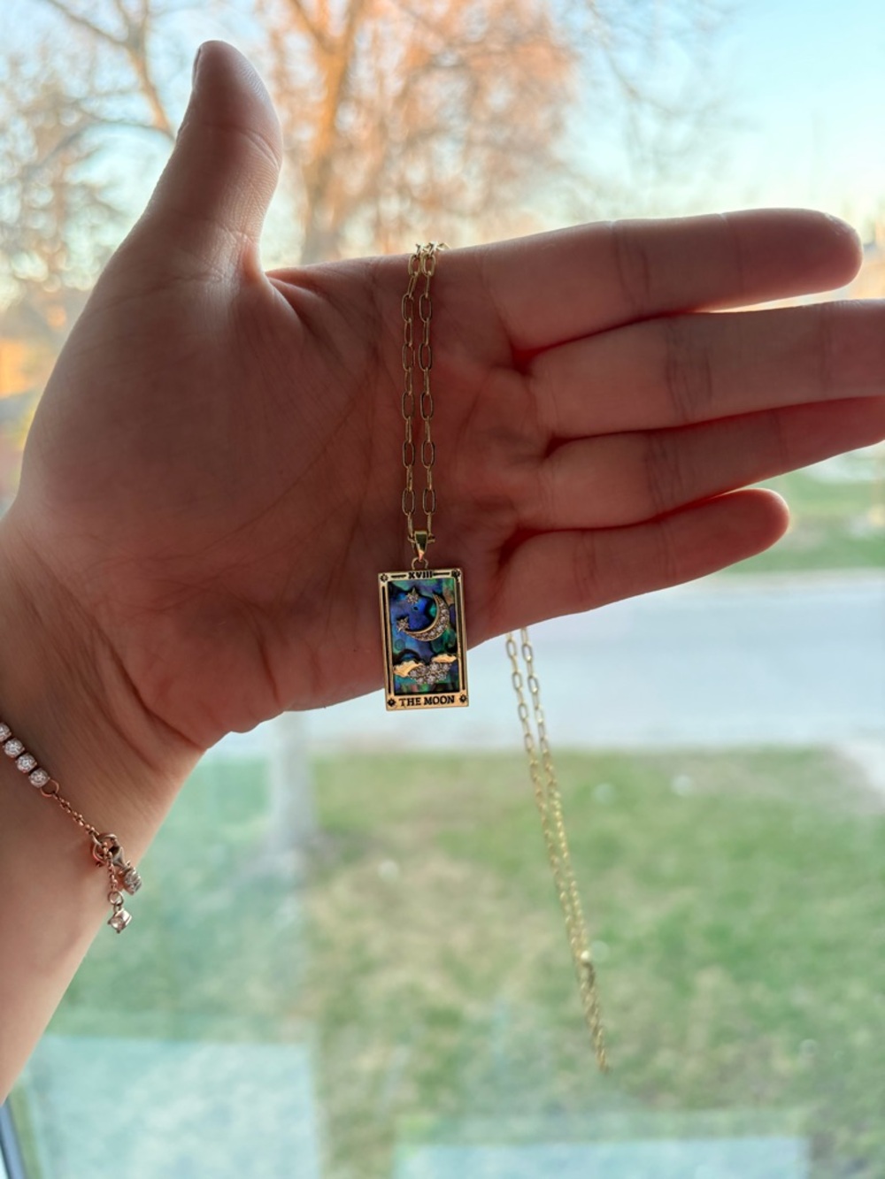 Gold Tarot Moon Pendant Necklace with Blue Enamel Accent